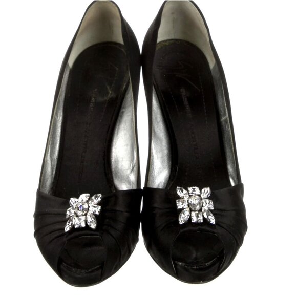 Giuseppe Zanotti 8.5 Black Satin JEWELED CRYSTAL PLATFORM Peeptoe Heels Pumps - Picture 1 of 6